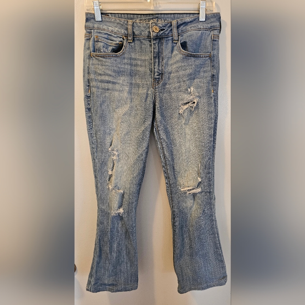 American Eagle High Rise Artist Stretch Flare Crop Jeans Blue Womens Size 8 Long